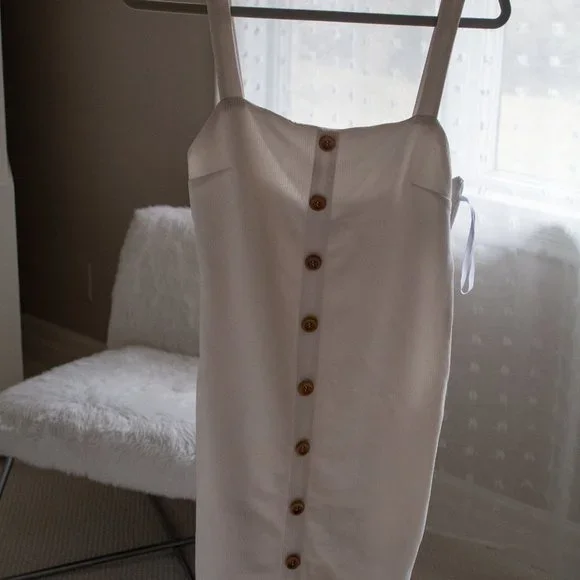 White Ribbed Dress with Buttons - Picture 2 of 4